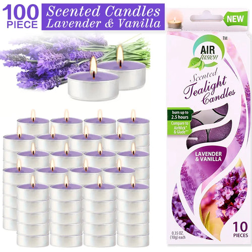 Air Fusion 100 Count Tea Lights Candles Purple Lavender & Vanilla Scented 2.5 Hours Smoke-free Drip-free And Long-lasting