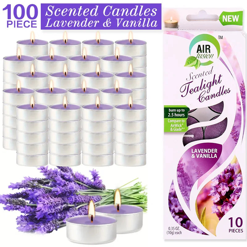 Air Fusion 100 Count Tea Lights Candles Purple Lavender & Vanilla Scented 2.5 Hours Smoke-free Drip-free And Long-lasting